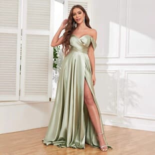 Amazon Cross-Border Strapless Satin Slit New Evening Dress Slim Simple Banquet Host Gown High-End