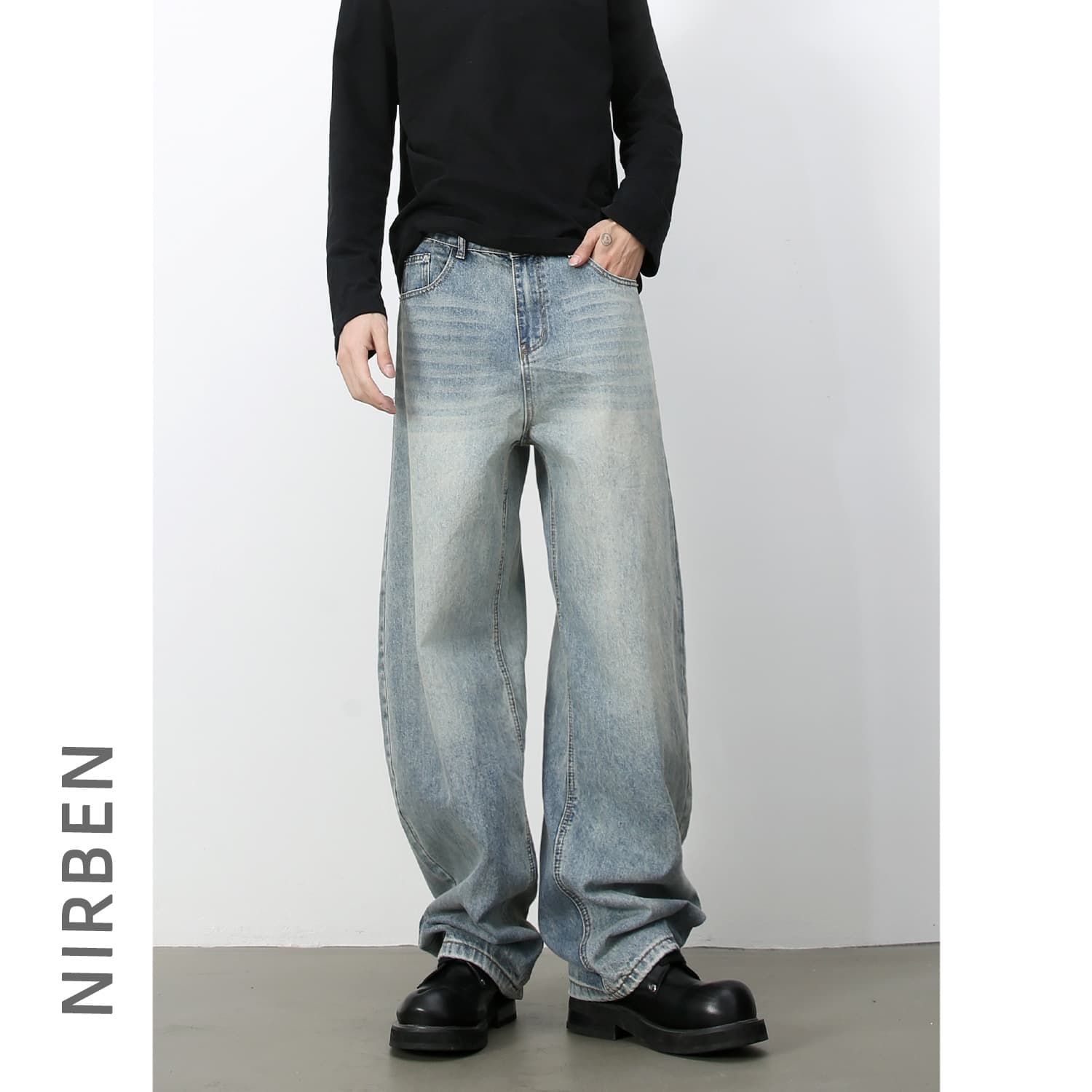 Nirben Denim | American Retro Washed Curved-Cut Jeans for Men, Streetwear Loose Straight-Leg Wide-Leg Trousers