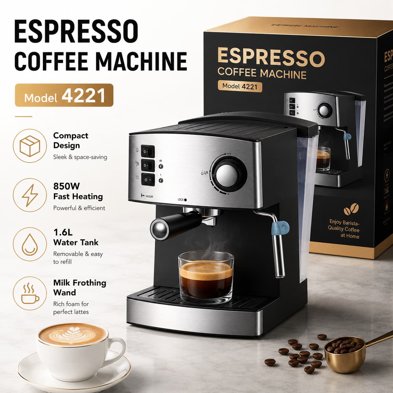 Coffelady 15bar Semi-Automatic Espresso Coffee Machine with Pump Pressure Milk Frother for Cappuccino