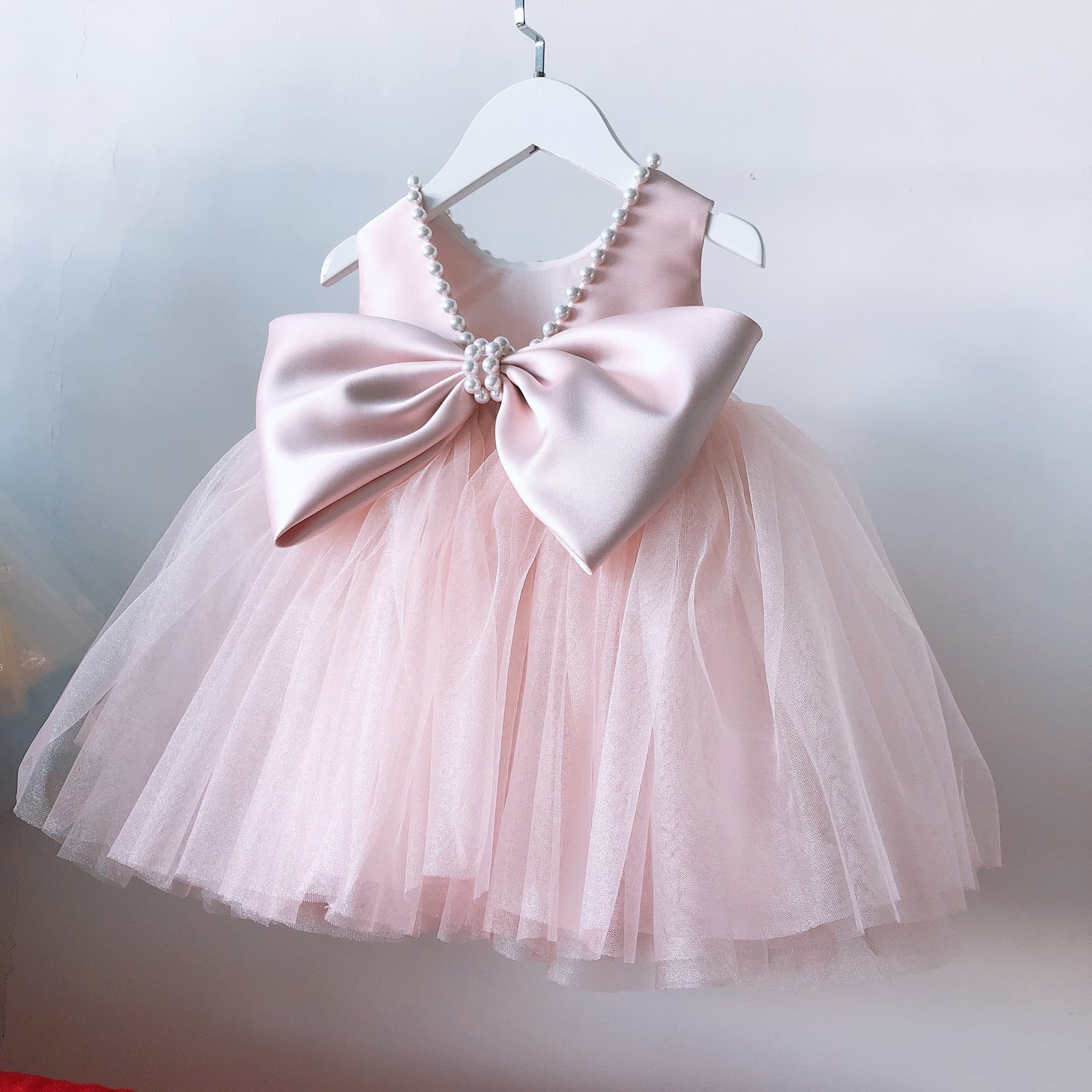 Children's Formal Dress Pink Backless Bow Baby Birthday Toddler Princess Dress Princess Style Backless