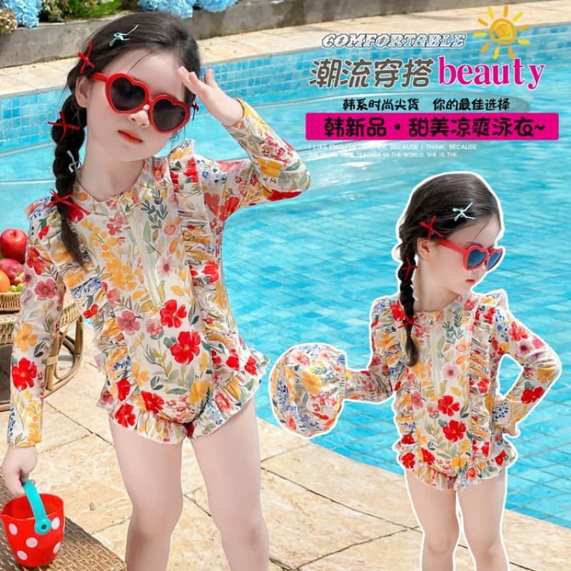 Girls' long-sleeved sun protection swimsuit, children's one-piece floral swimsuit, older children's clothing, beach resort hot spring swimsuit