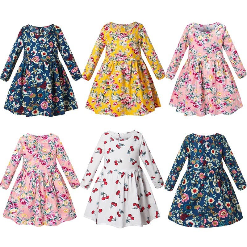 Autumn & Spring Girls Cotton Long Sleeve Dress, Children's Floral Print Korean Style Princess Dress for Toddlers and Young Girls