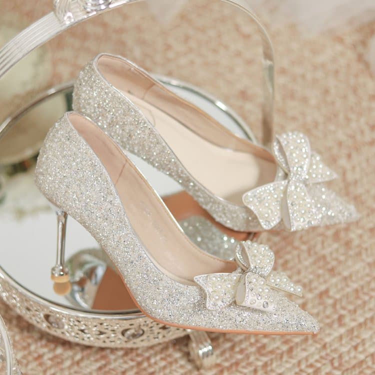 High-Heeled Women's Wedding Shoes 2025 New Style High-End Pearl Pointed-Toe Stiletto Fairy White Crystal Shoes