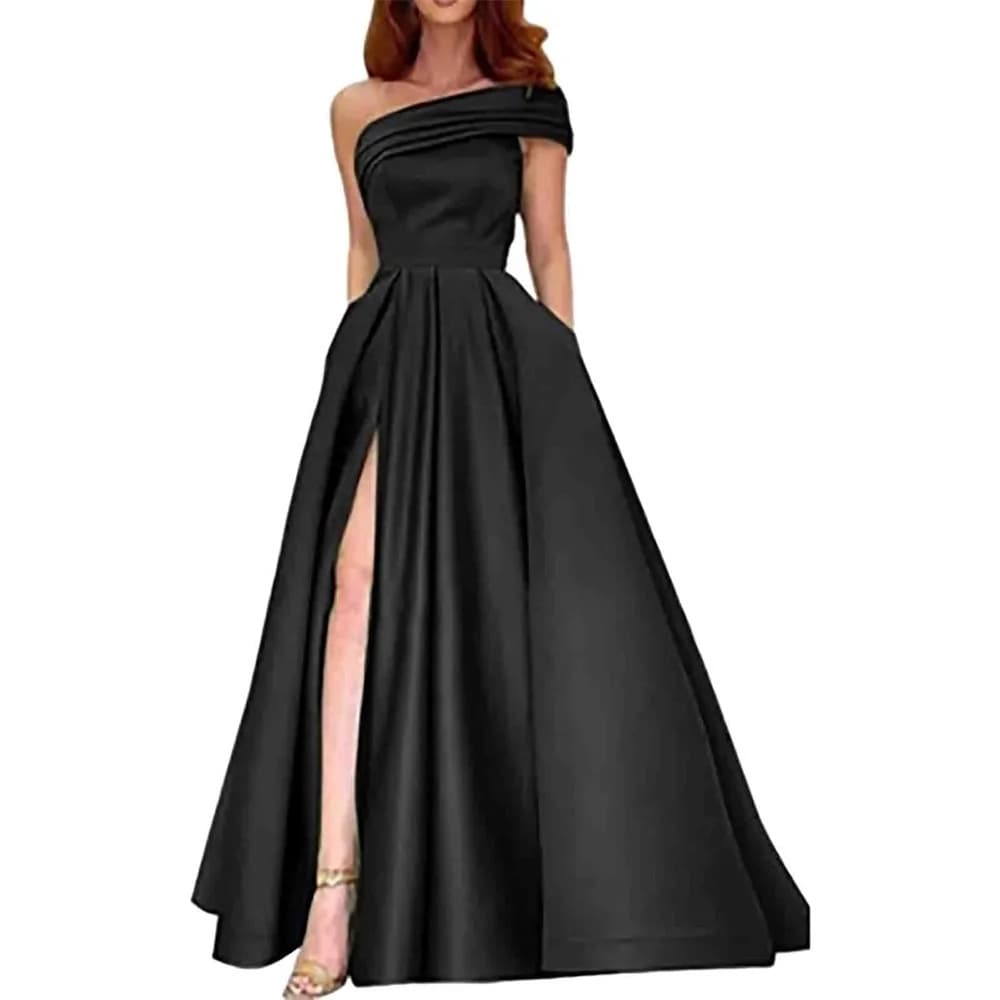 New One-Shoulder Evening Dress Fashionable Satin Jumpsuit Side Slit Design Stage Performance Host Gown