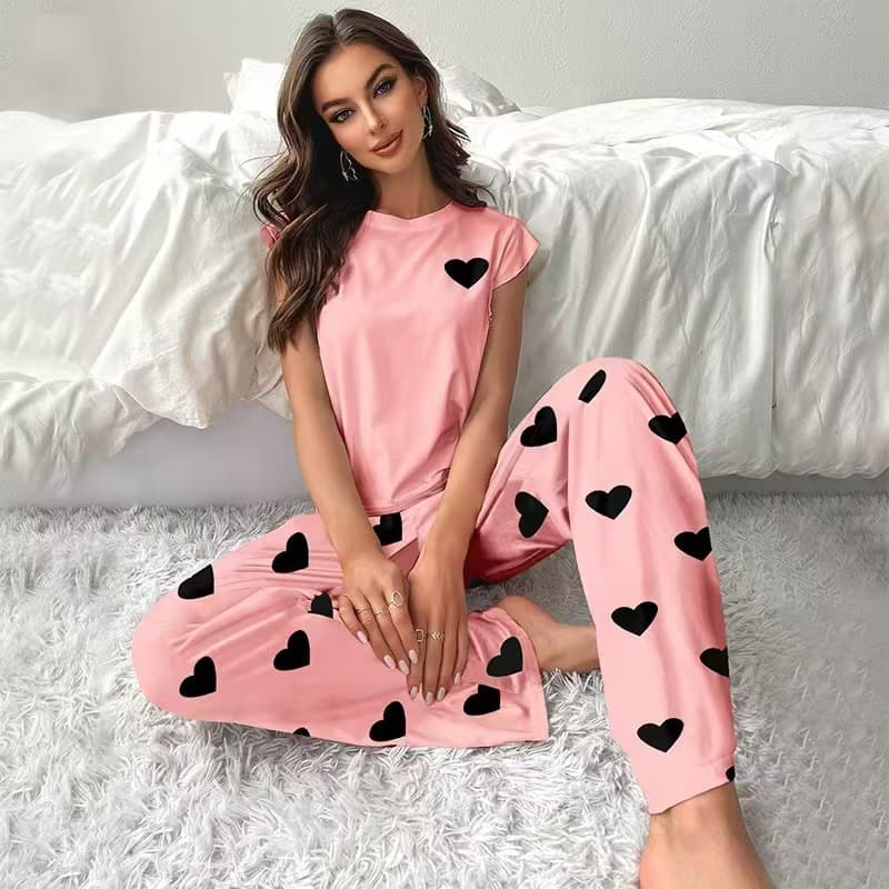 New Hot-Selling Women's Loungewear Set for Cross-Border EU/US Markets, Heart Print with Cap Sleeves and Long Pants, Sleepwear Suitable for Outdoor Wear