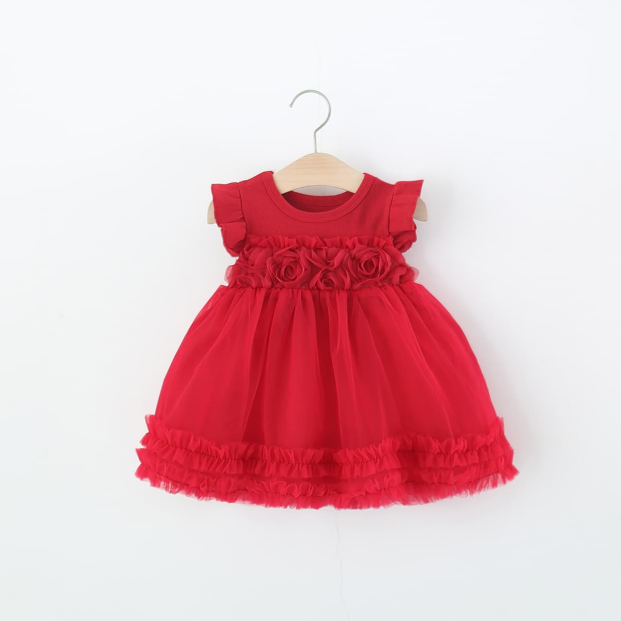 2026 Summer Pre-Season Petal Mesh Flutter Sleeve Dress Girls Mesh Panel Hem Skirt