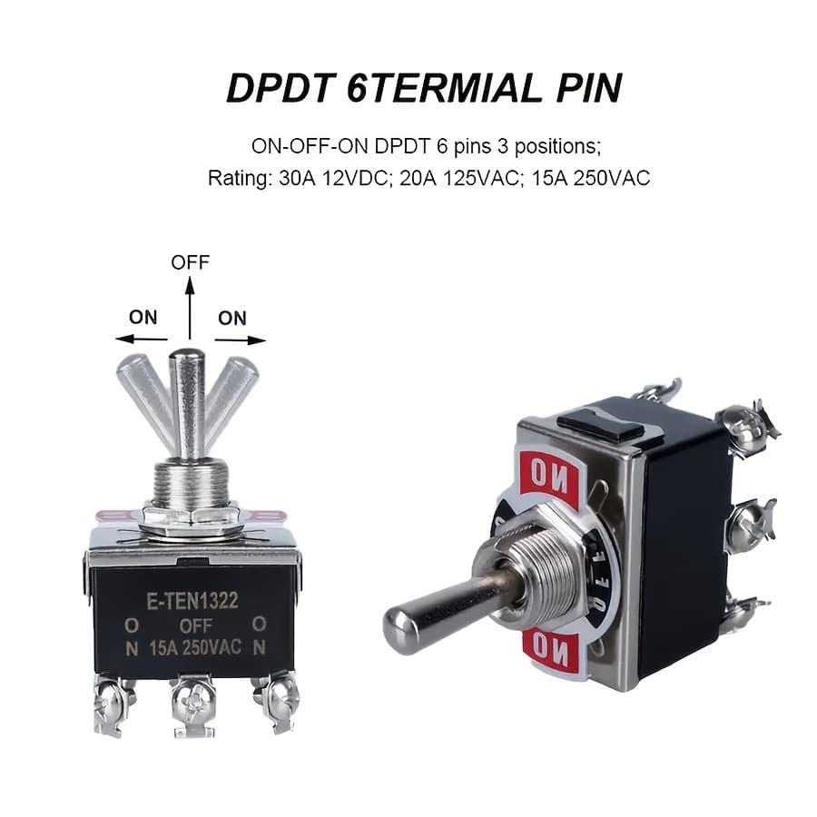 12mm Toggle Switch 3-Pin 3-Position / 6-Pin Screw Terminal with Waterproof Cap, Black Rocker, Large Power Switch