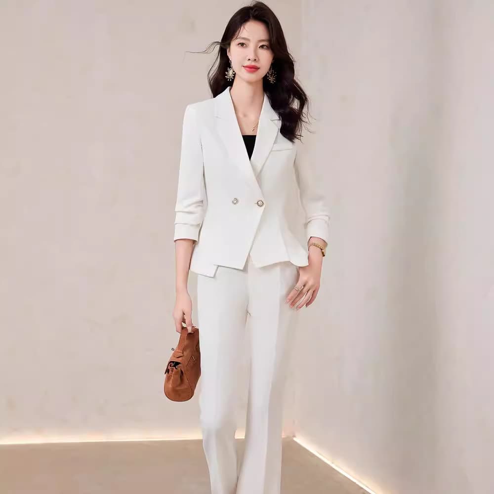 Elegant White Suit Set for Women Spring/Autumn Host Work Office Beauty Salon Uniform