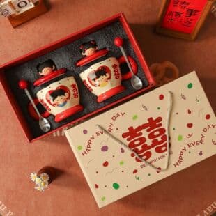 High-Quality Couple Ceramic Mugs with Lids and Spoons, Wedding Gift Box Set, Souvenir, Double Happiness Mugs