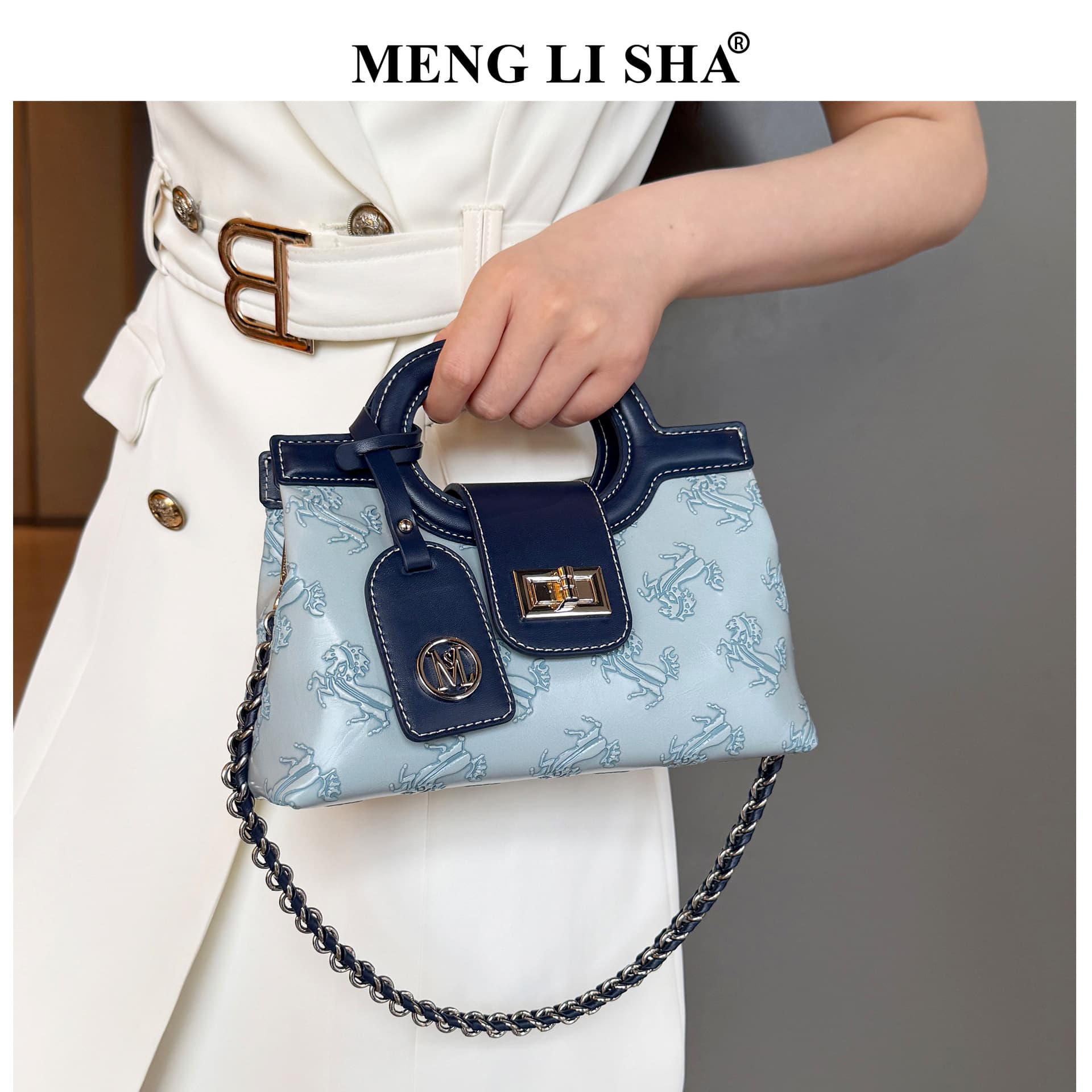 Drop Shipping Light Luxury Small Horse Embossed Handbag Contrast Color Stitching Chain Crossbody Bag Trendy Niche Commuter Women's Bag
