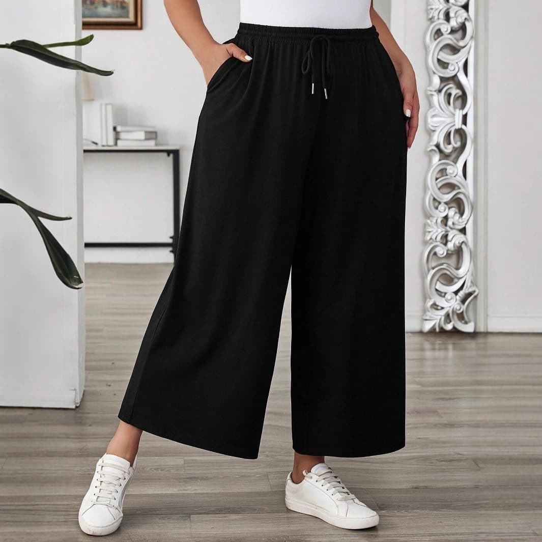 2026 Plus Size Women's European and American Cross-Border Elastic Waist Casual Pants Solid Color Versatile High-Waist Women's Wide-Leg Cropped