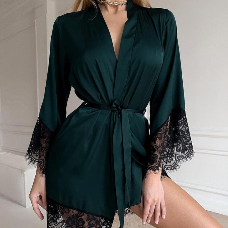 Sexy Silk-Like Lace Robe for Women, Loungewear Long Robe, Comfortable Casual Sleepwear with Lace Trim