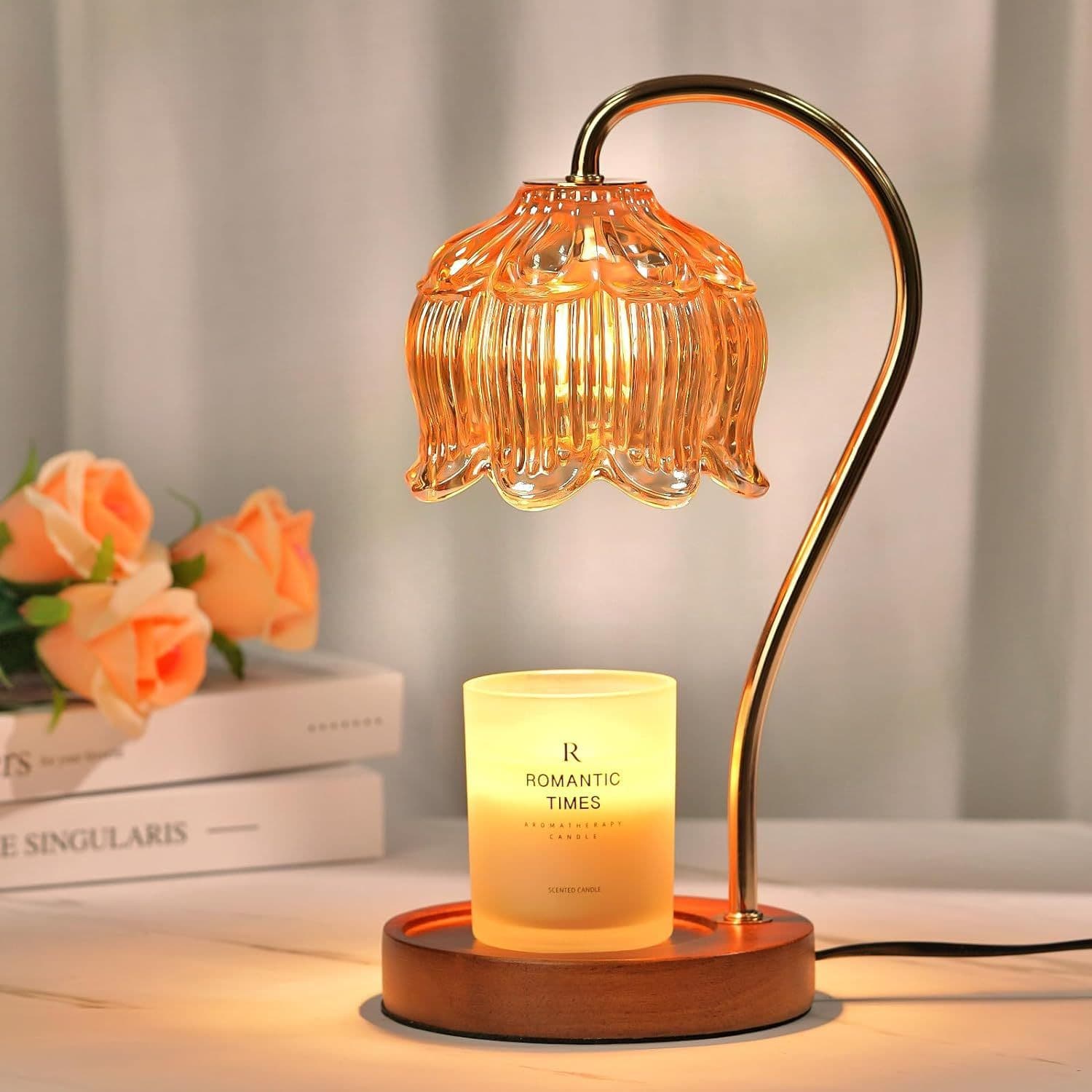 Flameless Wax Melter Lamp Japanese-Style Wooden Candle Warmer Lamp Bedroom Nightstand Light with Timer Dimmable Hot Melt Lamp Crystal Aromatherapy Lamp