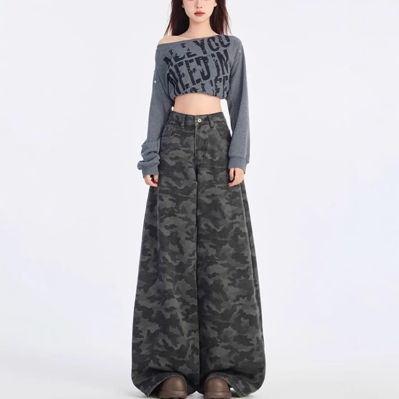 Foreign trade hot-selling American high street camouflage workwear wide-leg jeans for women summer new thin loose camouflage pants