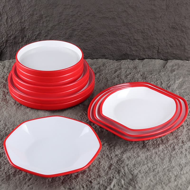 Cafeteria Rice Bowl Fast Food Melamine Plate Two-Tone Red White Round Serving Plate for Restaurant Stir-Fry