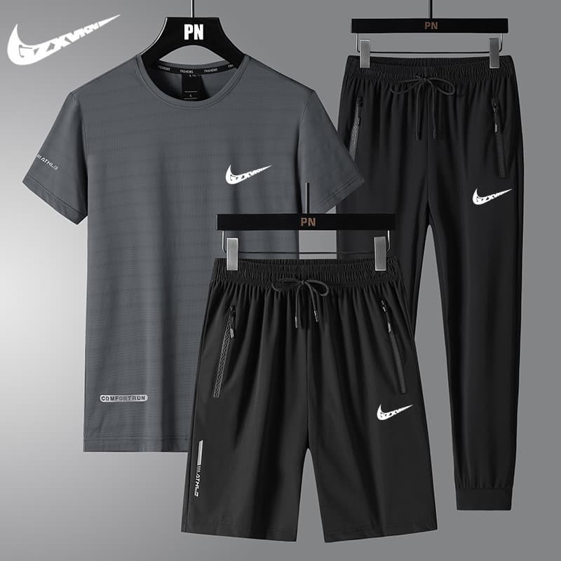 Men's 2026 Summer Ice Silk Suit New Men's Casual Suit Trendy Brand Fitness Running Wear Sports Three-piece Set
