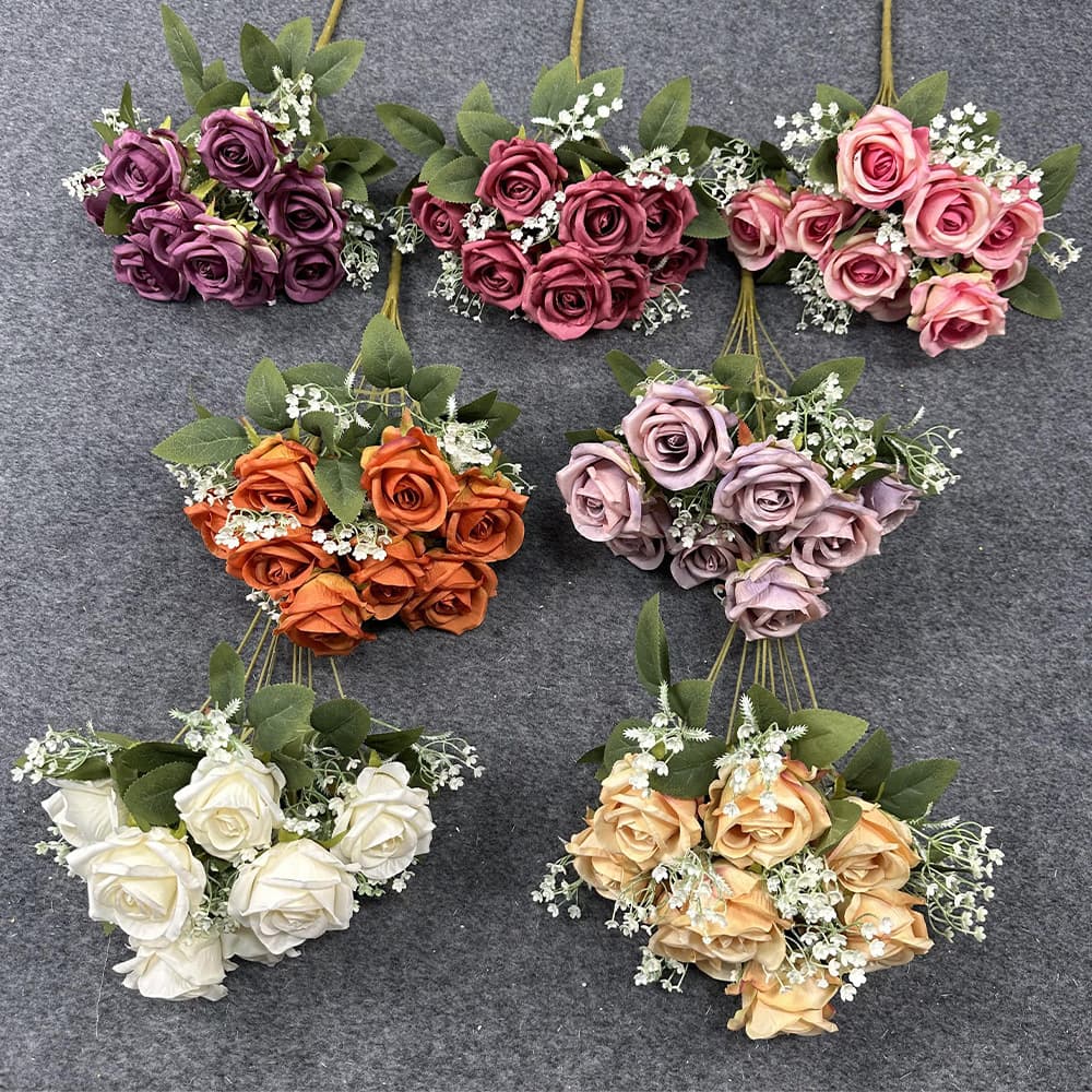 Simulated 9-Head Rose Artificial Bouquet High-End Finished Single Bouquet Dried Flower Bouquet Wedding Flowers Artificial Flowers