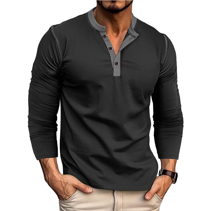 Cross-border men's clothing 2025 autumn and winter long-sleeved Henle shirt European and American men's retro T-shirt color matching three-button Henle
