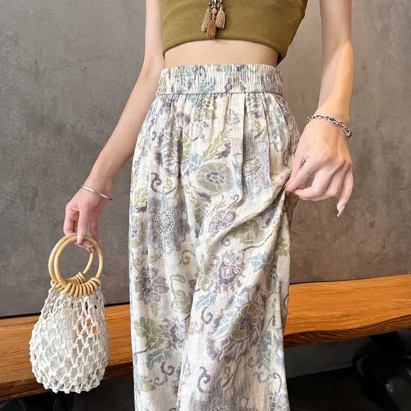 Retro Jacquard Linen Pants Summer Floral Wide Leg Pants Women's 2026 New Loose Cotton Linen Floor-Mopping Printed Casual Pants