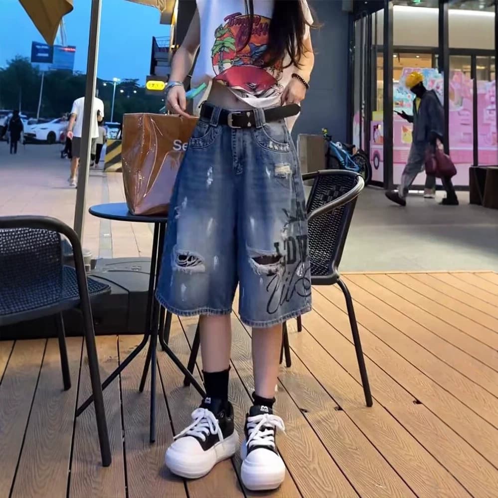 Graffiti Ripped Denim Shorts for Women Summer Thin Style 2026 New American Style Mid-Length Shorts Plus Size for Fat Girls Slimming Five-Point Shorts