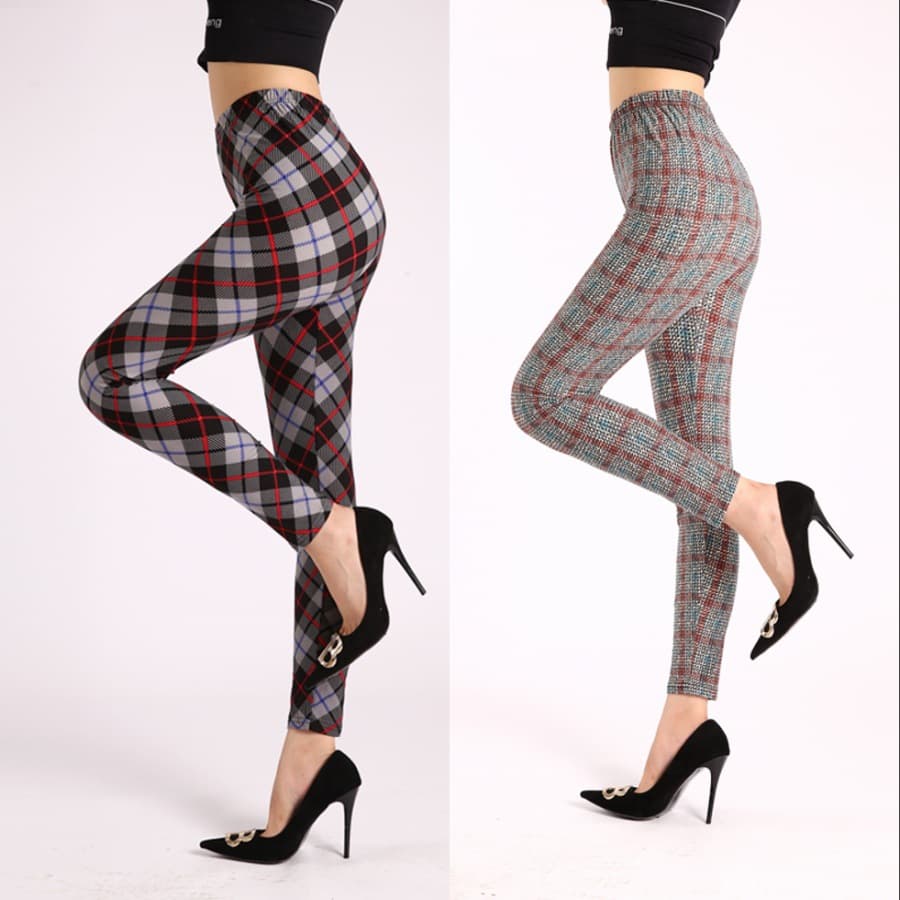 Foreign trade hot-selling 2026 autumn new leggings large stretch printed high-waisted black trousers plaid outer wear women's pants