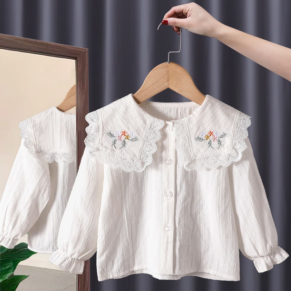 Girls' white collared embroidered shirt, new autumn style, Korean style, fashionable long-sleeved top for baby girls.