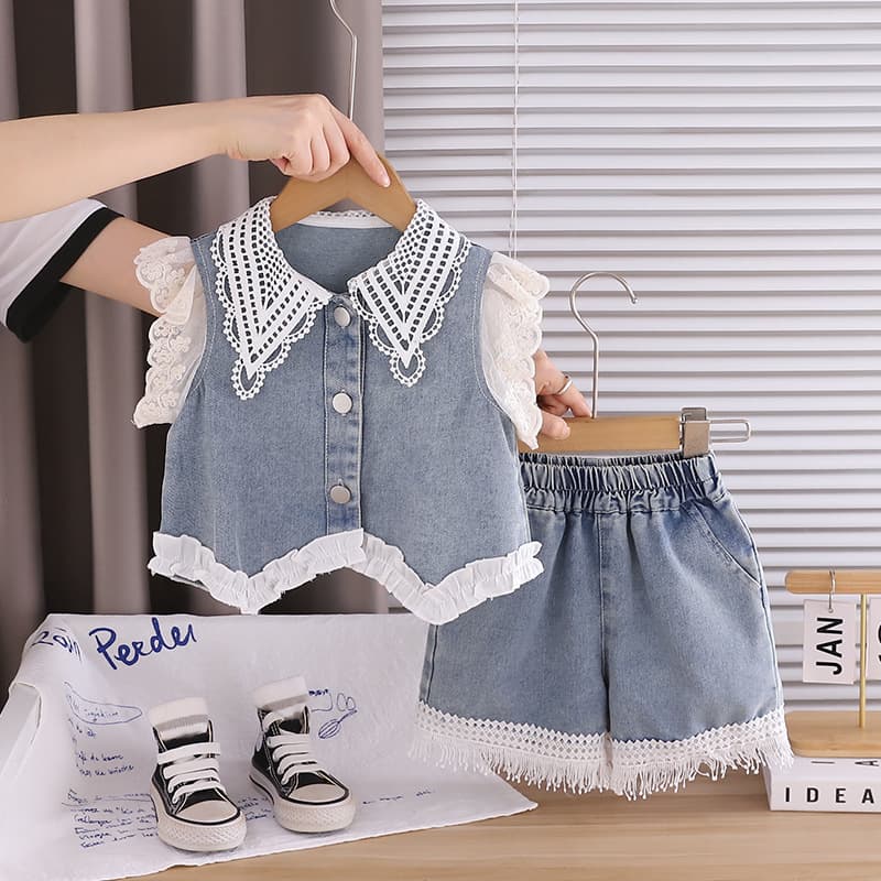 Girls Summer Outfit Set 2026 New Fashionable Baby Turn-down Collar Short Sleeve Two-piece Set Children's Summer Clothes Drop Shipping