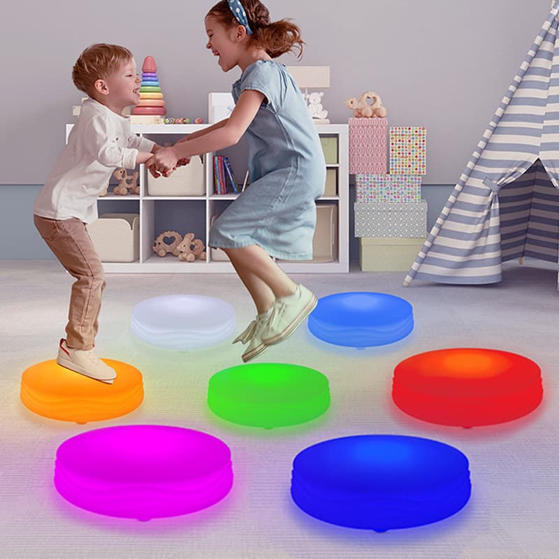 LED Illuminated Sensing Floor Tile Lights with Rainbow Music for Children's Round Stage Interaction and Waterproof Base Lights