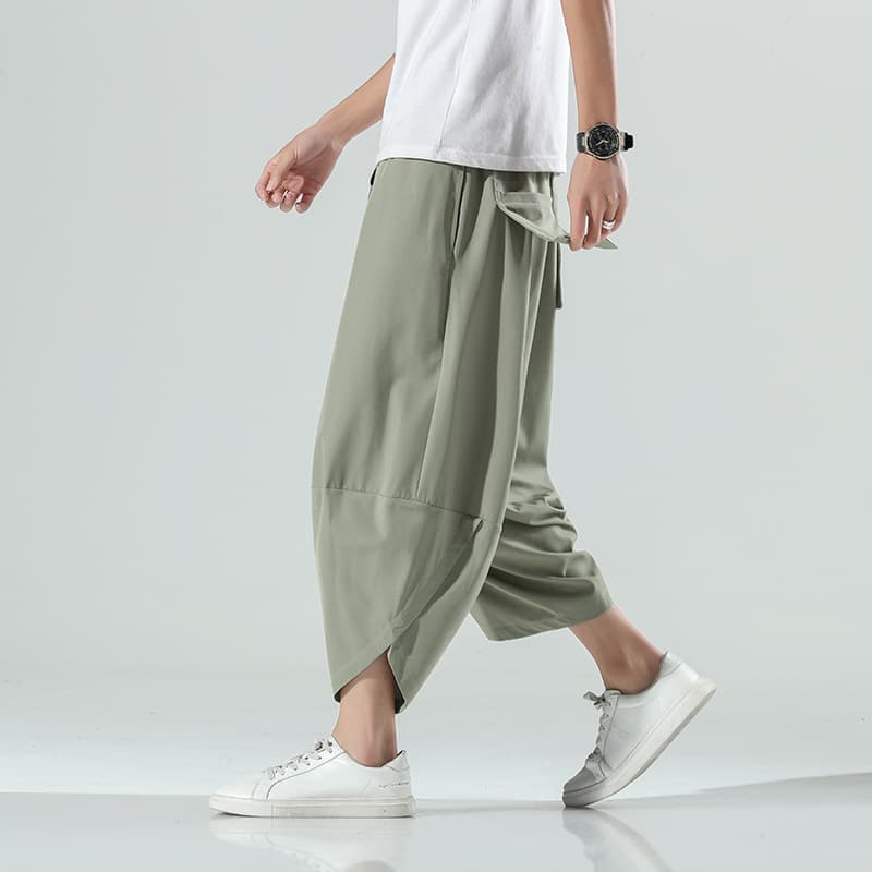 Ice Silk Beach Shorts Summer New Men's Chinese Style Solid Color Capri Pants Plus Size Loose Wide Leg Pants Men's Factory Wholesale