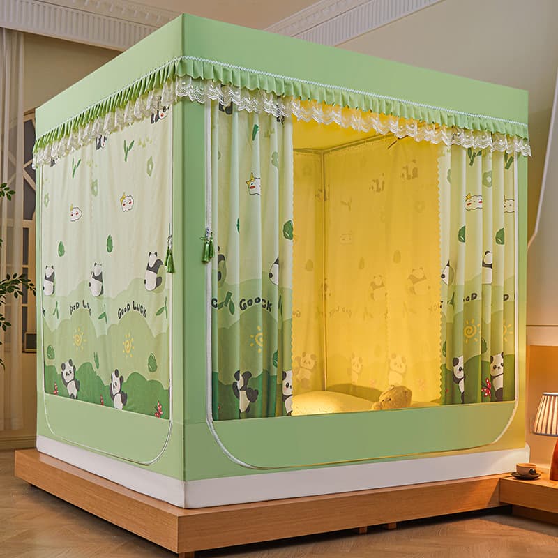 Light Blocking Osaka Print Sitting Bed Three Door Zipper Mosquito Net Integrated Anti-Fall Bed Curtain Polyester Fiber Stainless Steel Tube