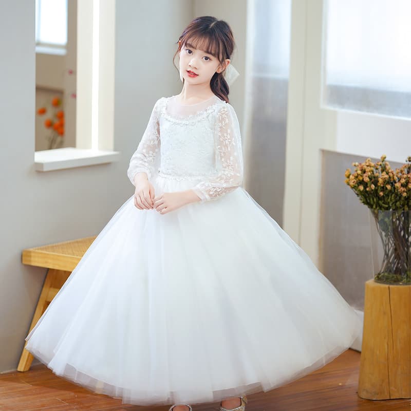 Girls Autumn Dress Embroidered Tulle Tutu Evening Gown Long Sleeve Long Pants Dress Performance Costume