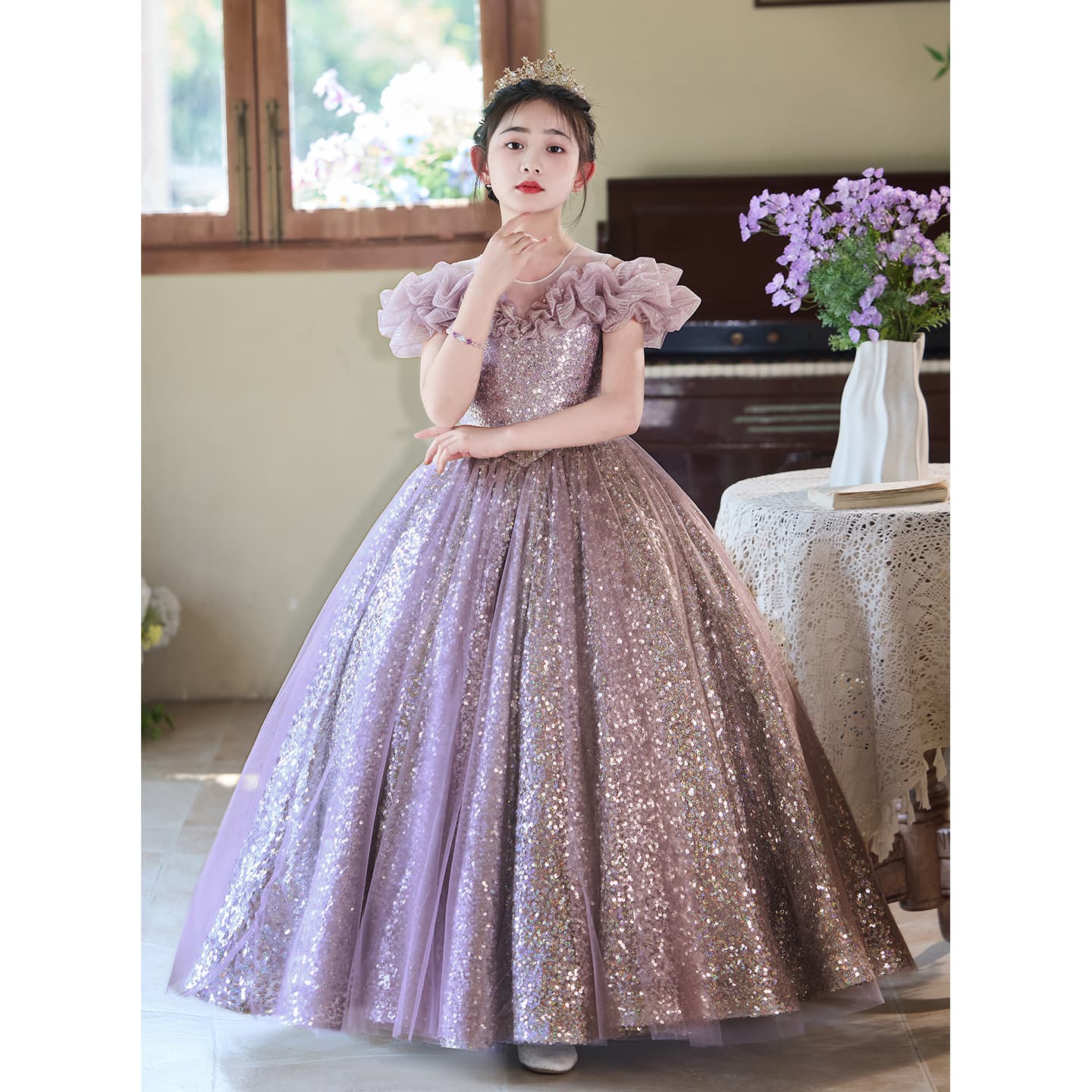 Children's Princess Dress Girls Light Luxury Banquet Birthday Host Flower Girl Purple Piano Performance