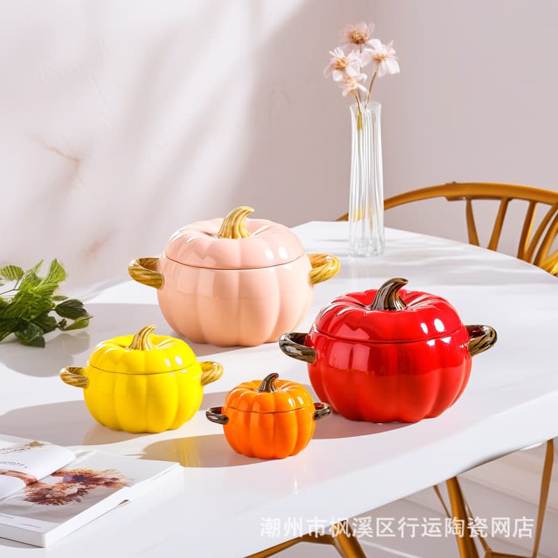 Hotel-style double-boiled ceramic pumpkin soup bowl with lid; suitable for home use; large Buddha Jumps Over the Wall soup bowl with double handles for Liaoning sea cucumber.