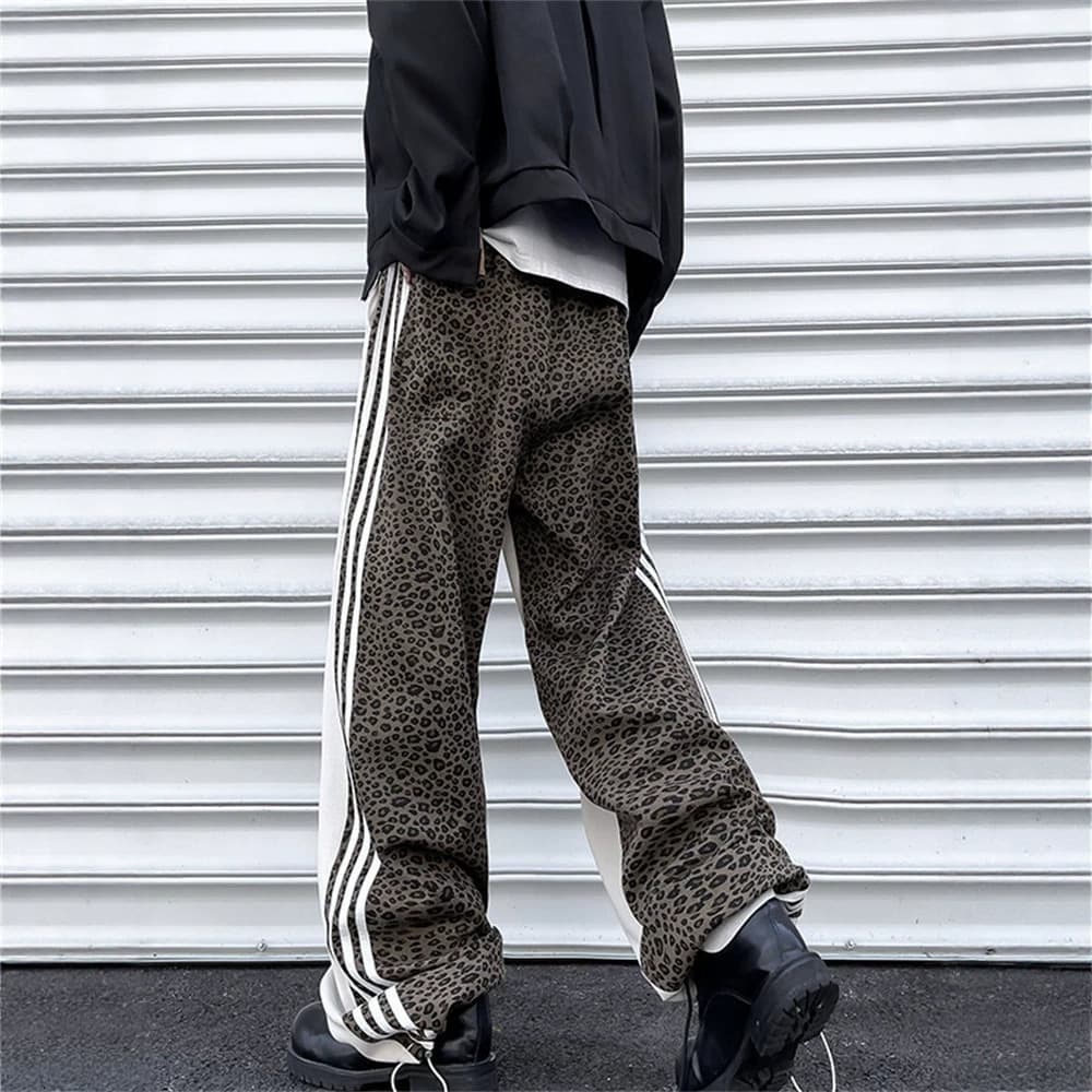 American hip-hop leopard print stitching sports pants for men and women loose trendy brand drape striped casual hiphop street dance pants