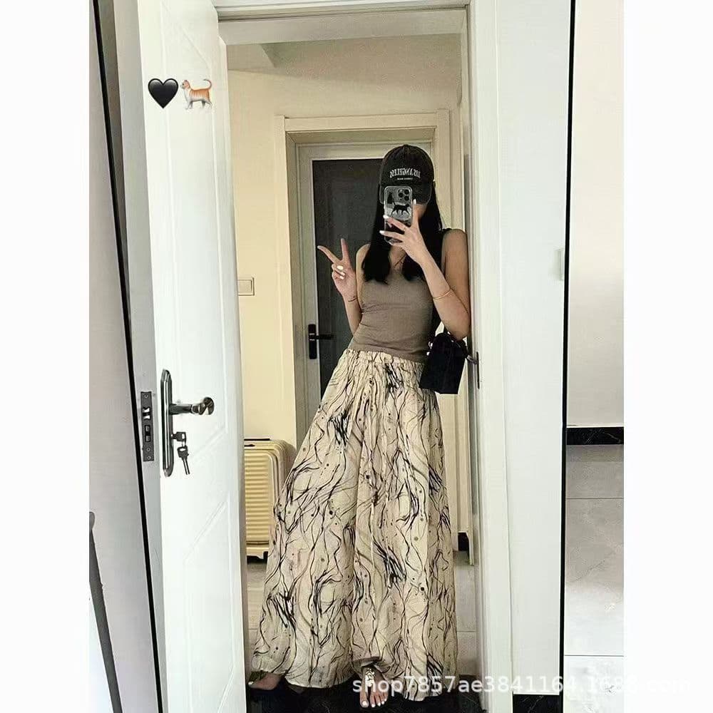 Summer New Floral Print Skirt Pants Women High-Waist A-Line Wide-Leg Cropped Pants Loose Slimming Casual Skirt Pants