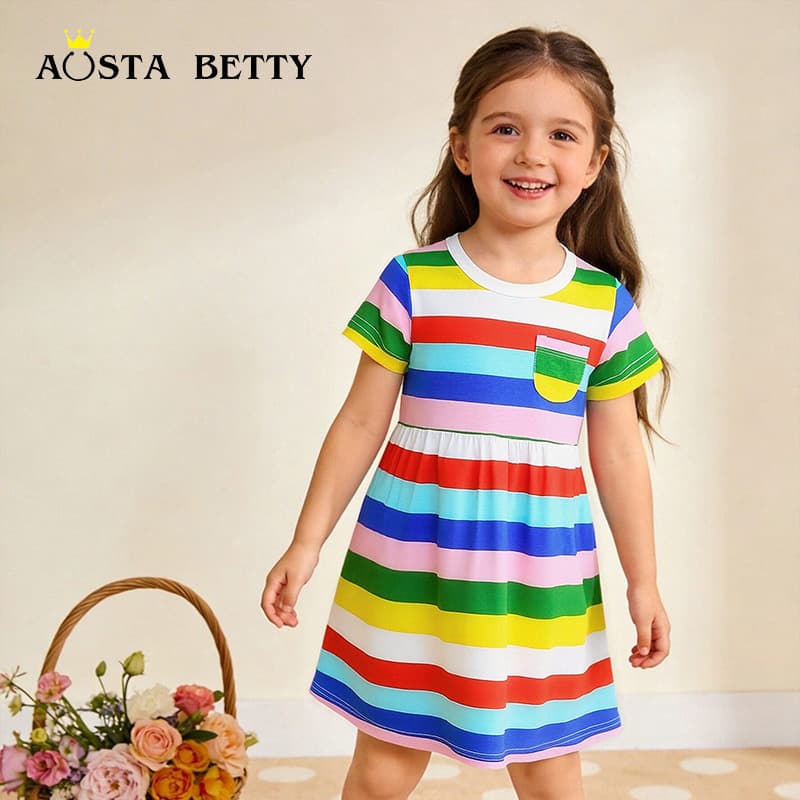 Summer Rainbow Print Princess Dress for Girls Cotton Knitted Short Sleeve Dresses Children's Fashionable European Style Dress