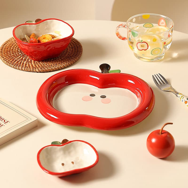 Cartoon Cute Apple Underglaze Ceramic Bowl and Plate Set for Home, Rice Bowl, Dish, Spoon, Dinner Plate, Tableware