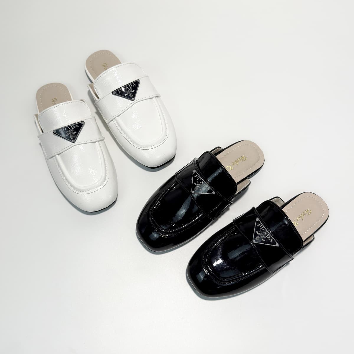 Cross-border Hot Selling Triangle Logo British Style Versatile Girls' Mule Slippers Lazy One-Strap Black Girls' Closed-Toe Slippers