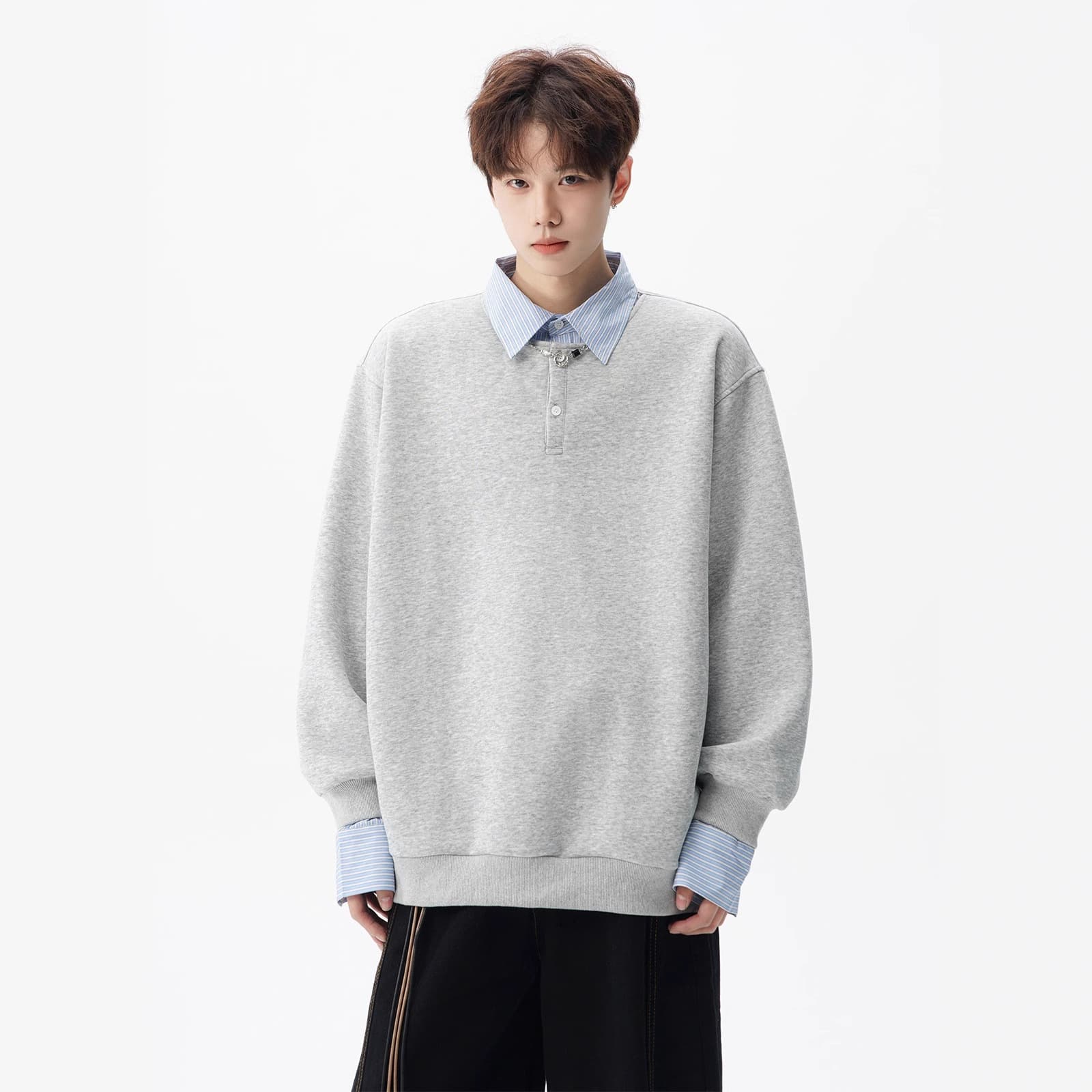 Japanese Two-Layer Polo Shirt for Men, Autumn Trendy College Style Turn-Down Collar Sweater, High-Street Vintage Inner Layering Top