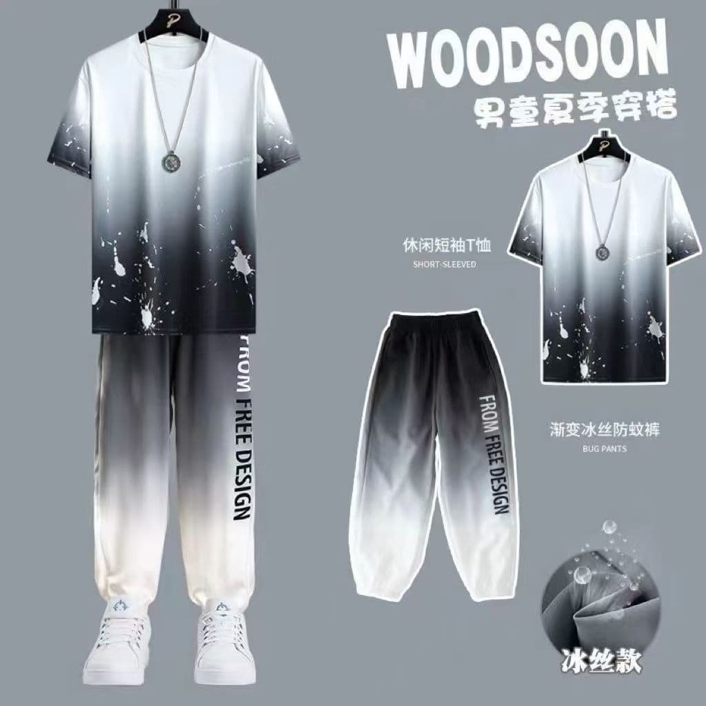 Boys' Ice Silk T-Shirt Short Sleeve Set Summer New Quick-Dry Trendy Big Kids Fashion Gradient T-Shirt and Long Pants Set