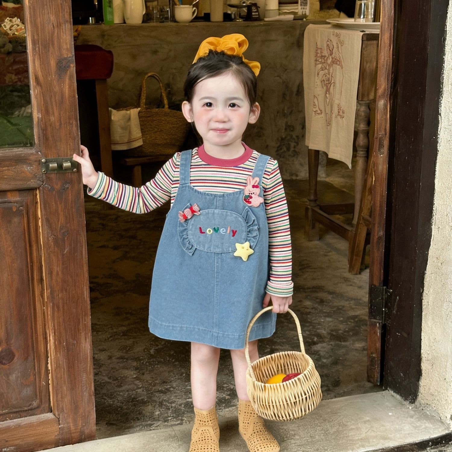 Girls suspender skirt suit 2026 new spring baby Korean style striped T-shirt denim skirt children's 2-piece set