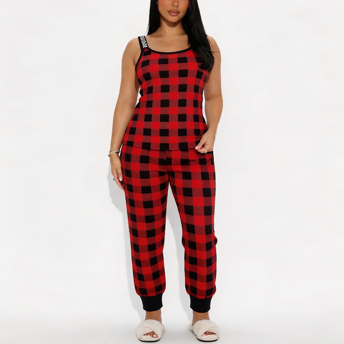 Women's Summer Red Plaid Camisole Pajama Set with Long Pants, European and American Style Loungewear Pyjamas
