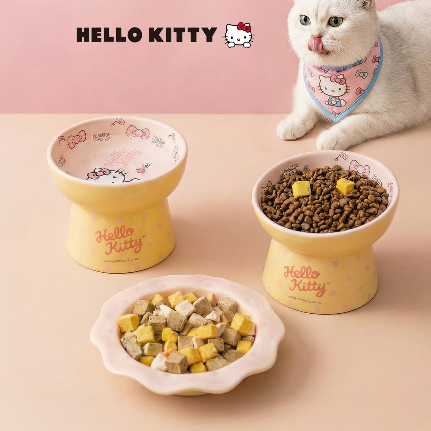 Hello Kitty Co-branded Ceramic Cat Bed Elevated Anti-Spill Cat Food Bowl Neck-Protecting Large-Mouth Water Bowl Pet Dog Bowl