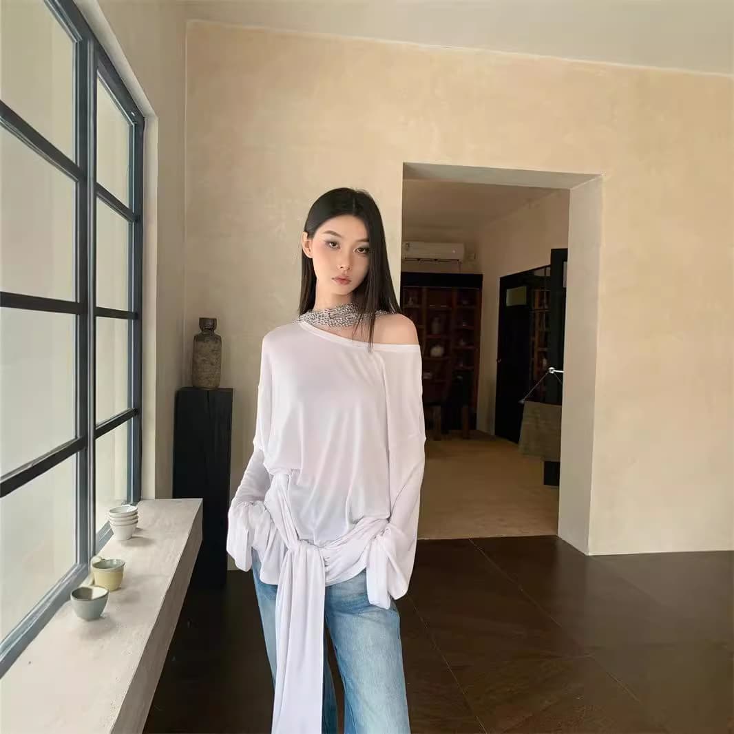 White Shoulder Collar Thin Strap Long-sleeved T-shirt Women's Autumn Pure Desire Style Sexy Spice Girl Design Sense Micro-transparent Top