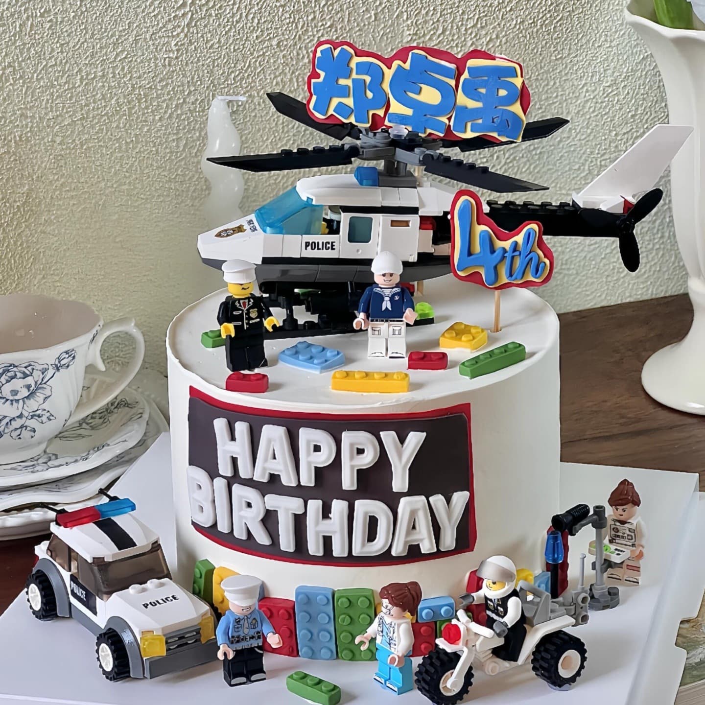 Lego Figure Cake Decoration Building Block Helicopter Police Car for Boys Birthday Party Dessert