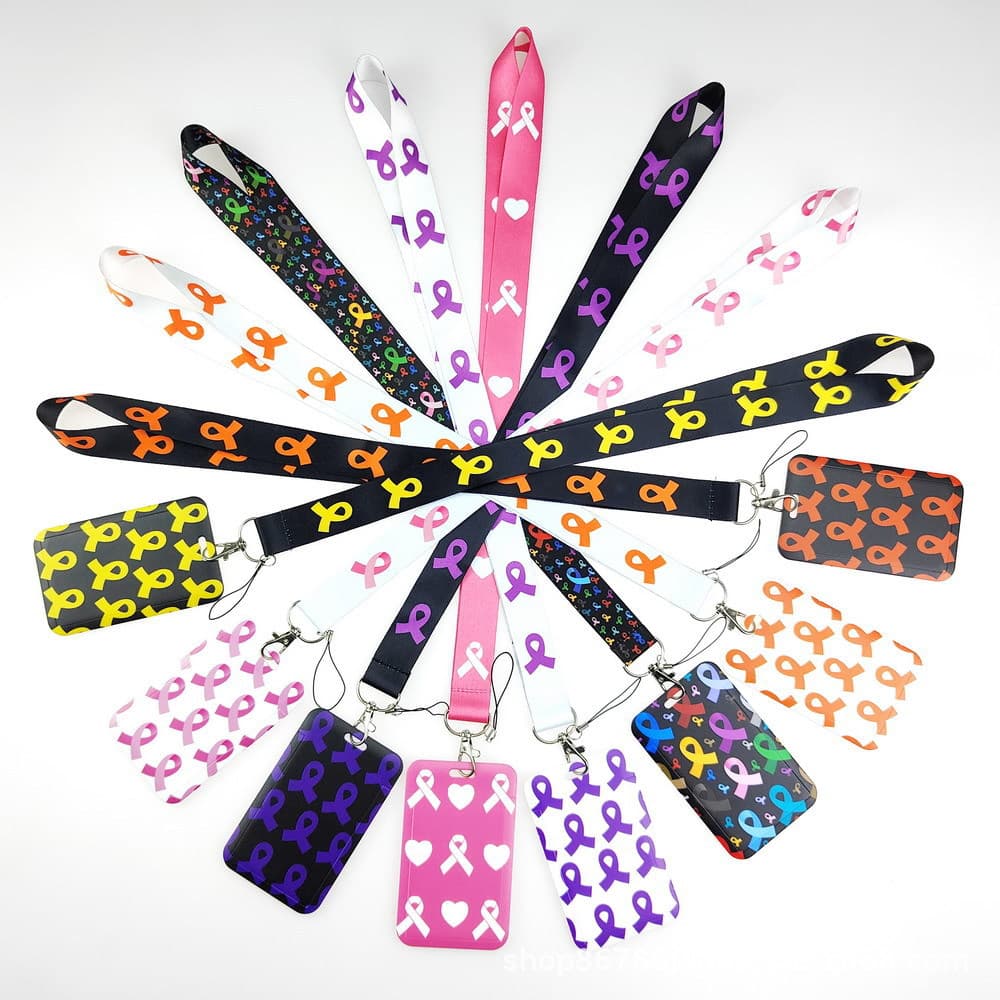 Breast Cancer Ribbon Colorful Heart Charity Phone Lanyard ID Badge Camera Long Strap Cross-Border