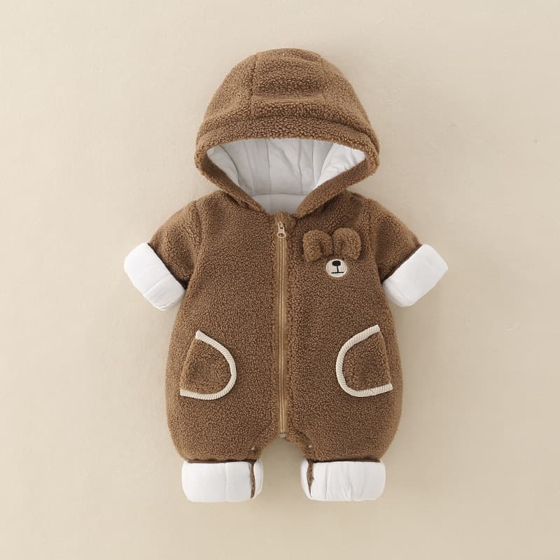 Baby Winter Fleece Romper for Newborn Boys and Girls, Quilted Hooded Warm Bodysuit