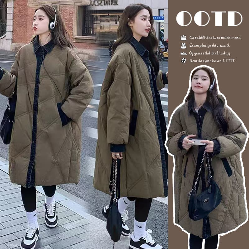 Diamond Pattern Maternity Winter Wear 2024 New Korean Style High-end Denim Patch Mid-length White Duck Down Cotton-padded Coat