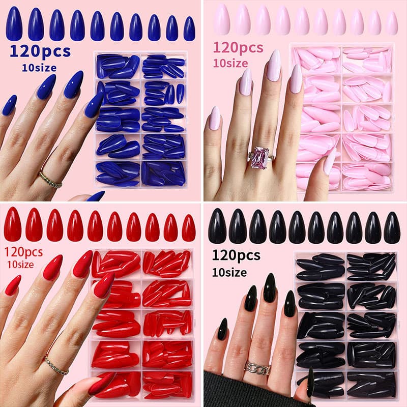 120 Pieces Shein Pointed Press-On Nails, Glossy Solid Color Removable Reusable Fake Nails