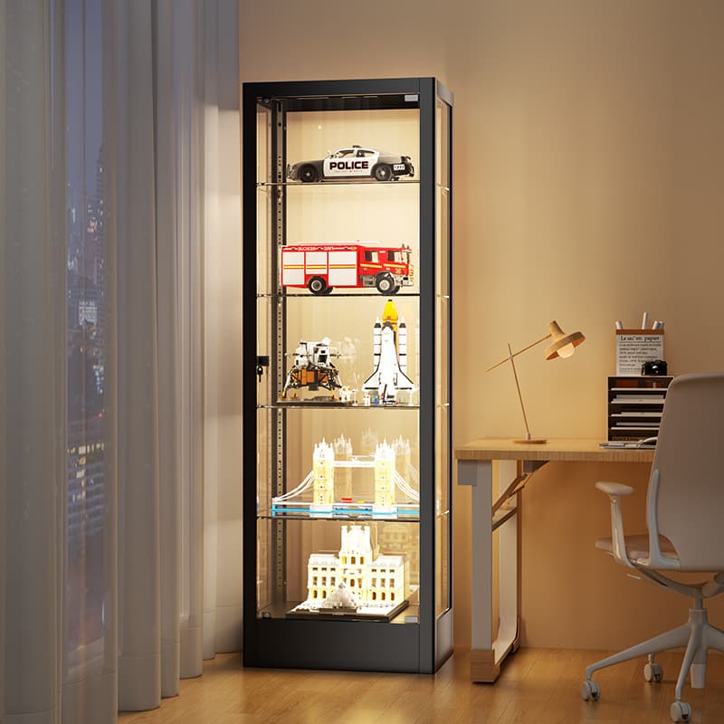 Figure Display Cabinet with Lights, Tempered Glass LEGO Showcase, Dustproof Storage Shelf for Home, Toy Display Cabinet, Wine Cabinet